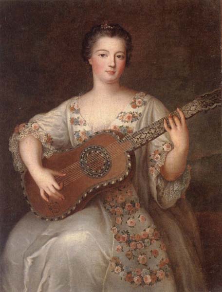 Portrait of a young lady,three-quarter length,wearing a floral and ivory lace-trimmed dress,playing the guitar